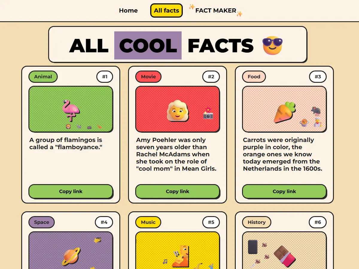 facts.cool archive showing colourful fact cards across categories