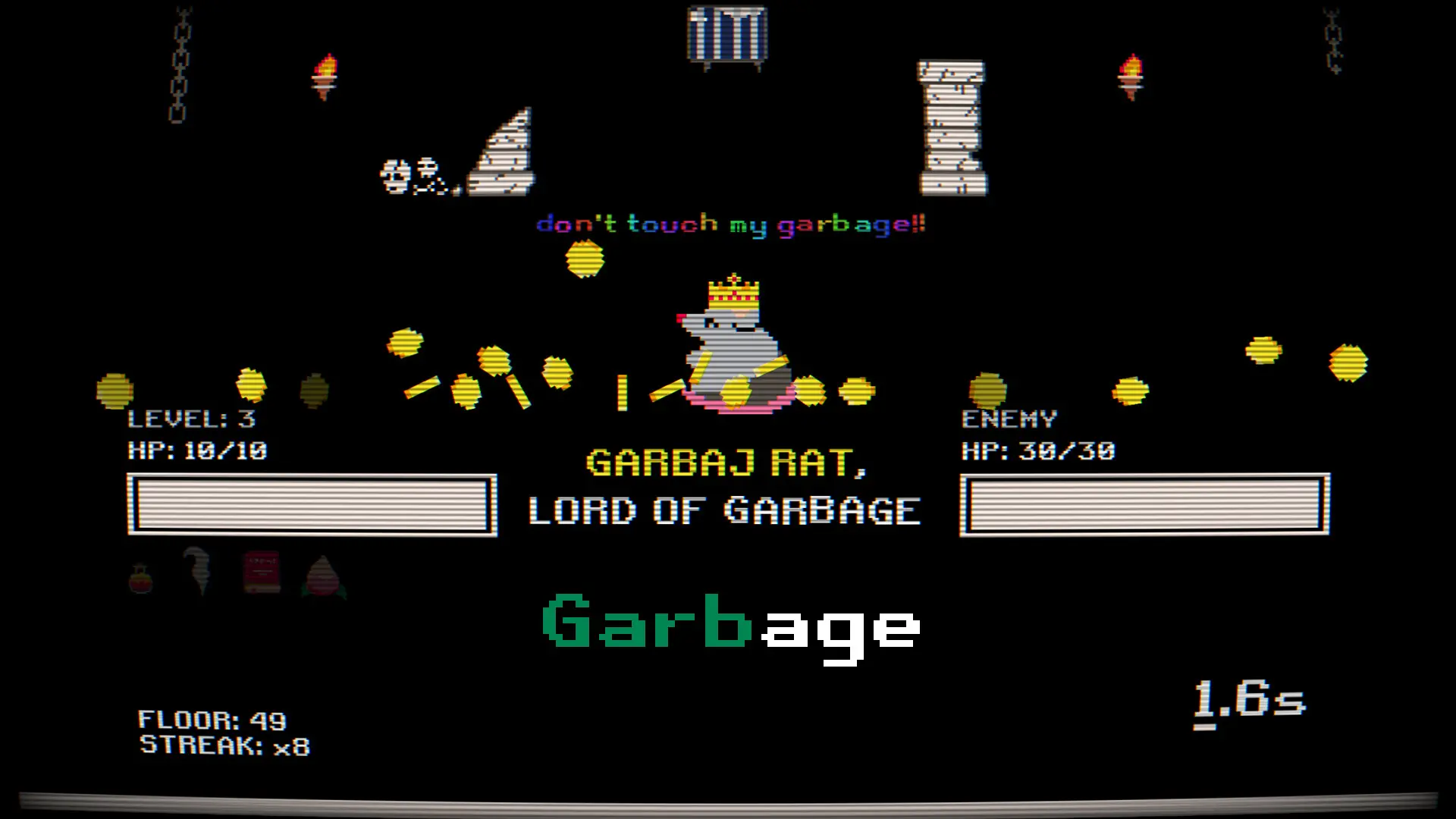 Typing a phrase to battle the Garbage Rat in Dungeons & Keyboards