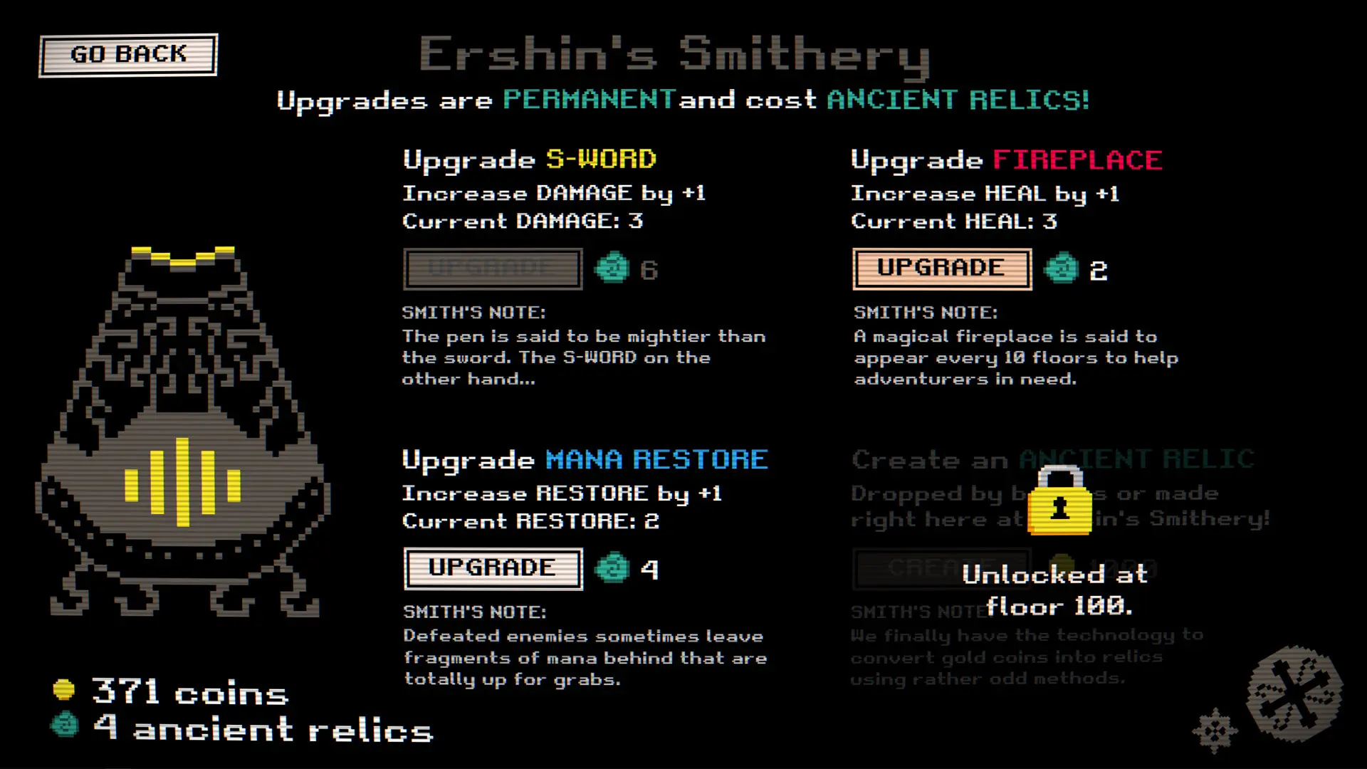 Ershin's Smithery permanent upgrade screen