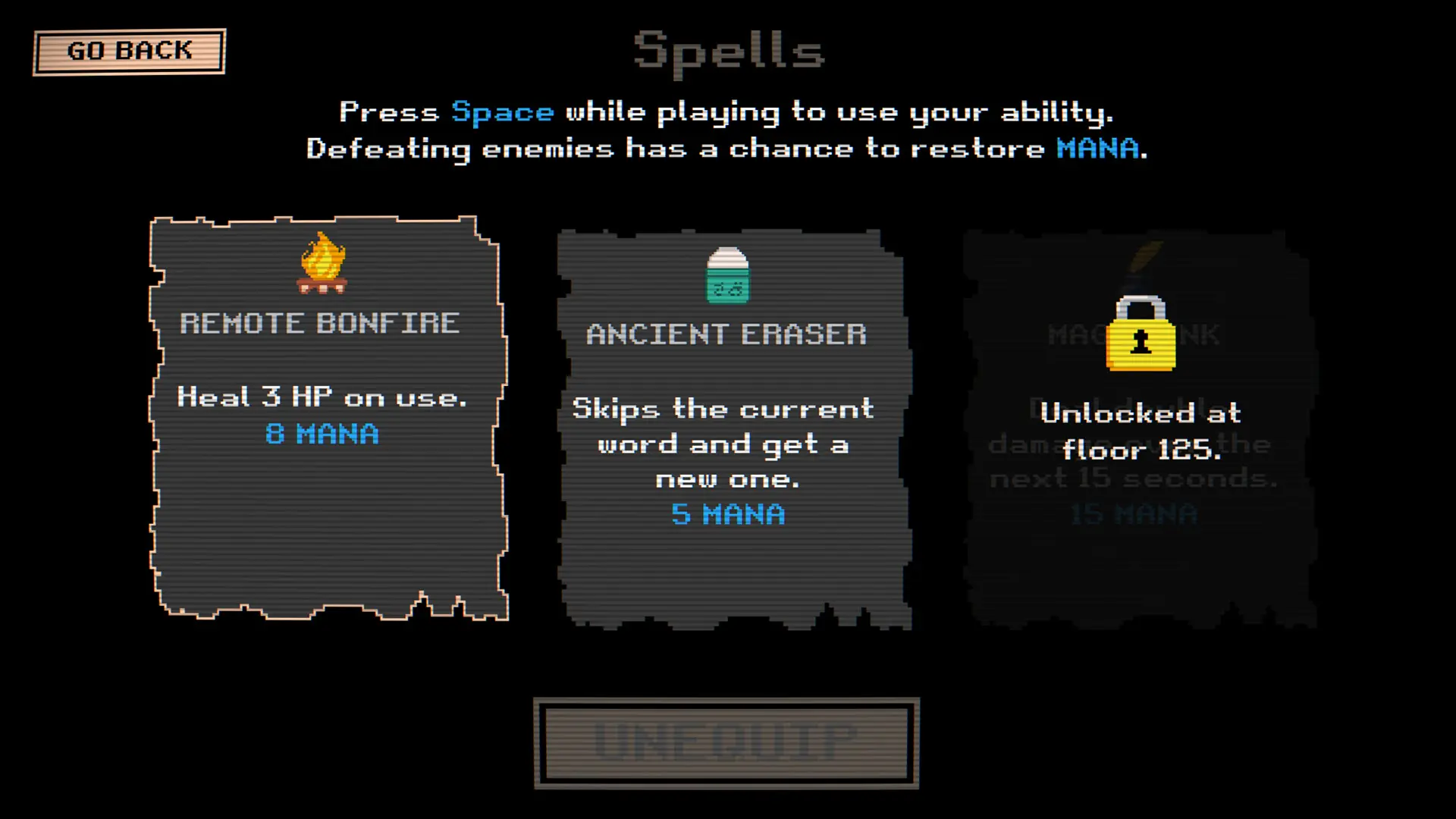 Spell selection with unlockable abilities