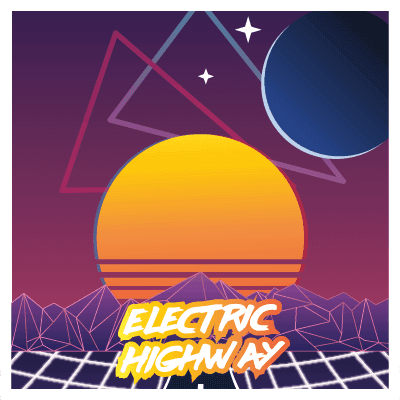 Outlined mountains with the text Electric Highway under them